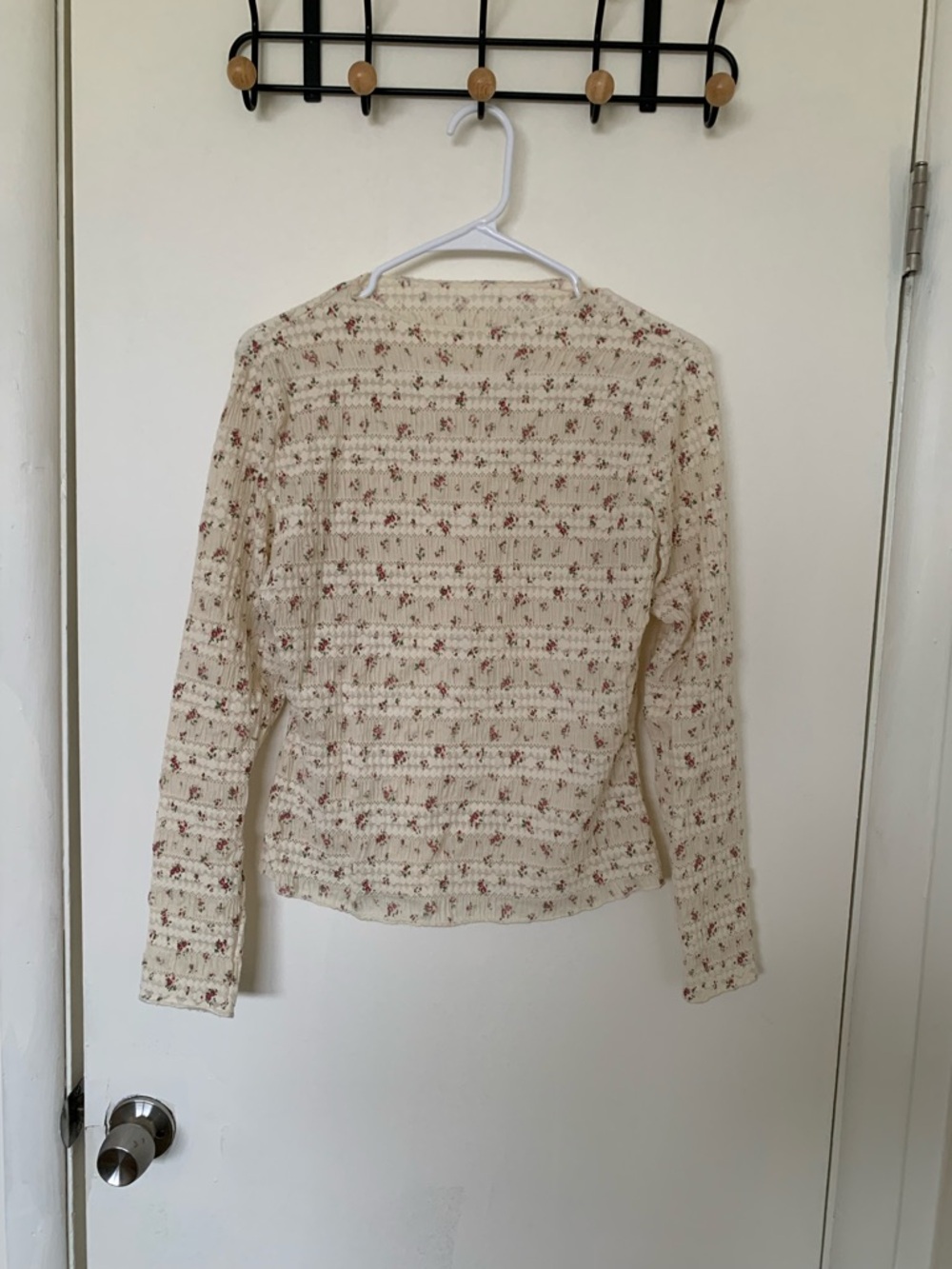 Cream Floral Smocked Long-Sleeve Top